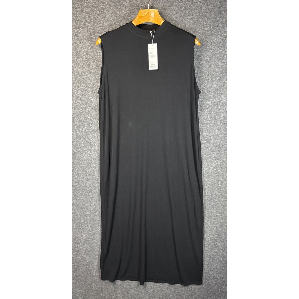 The Fisher Project Blk Lagenlook Silk Jersey Sleeveless Funnel Neck Midi Dress L